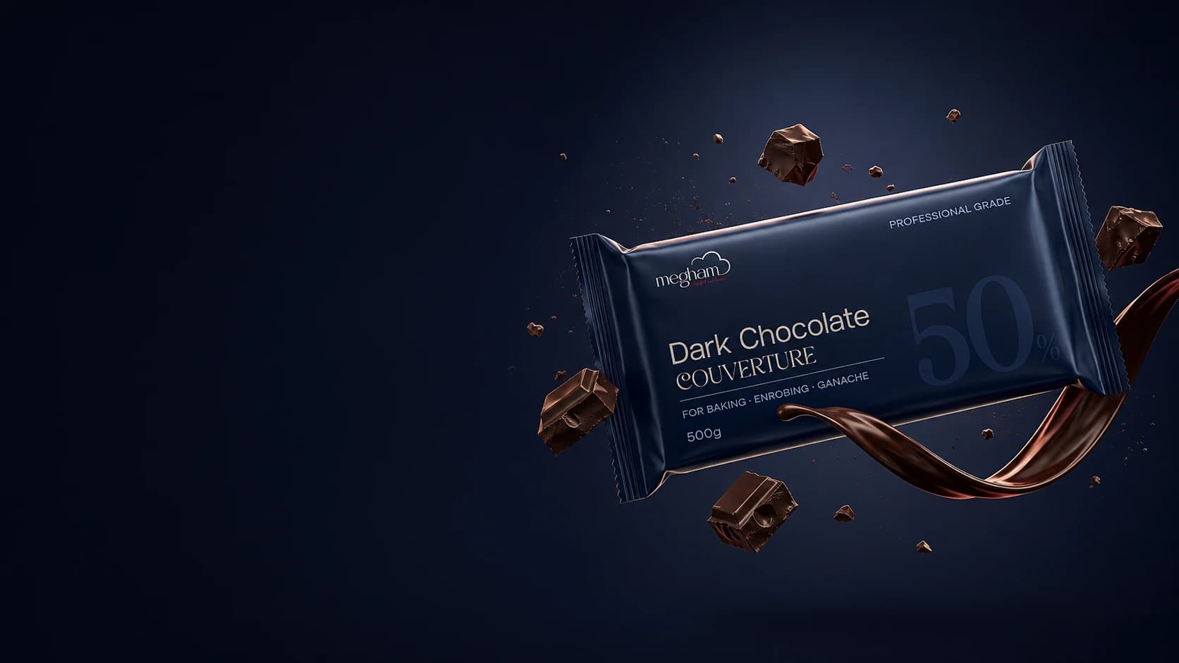 Megham Dark Chocolate Couverture 500g — chocolate chunks and a swirl of dark chocolate