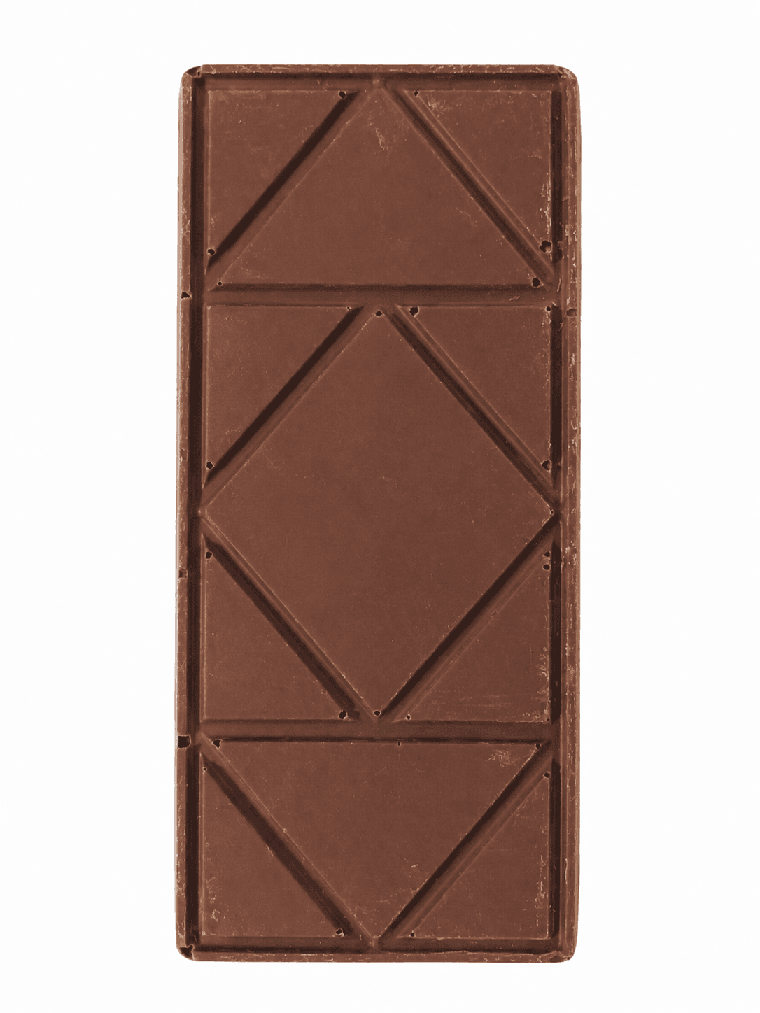 Raw 50g Megham chocolate bar showing triangular mould geometry